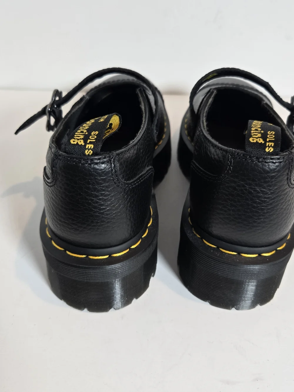 Dr. Martens Black Leather Mary Jane Shoes with Yellow Stitching
